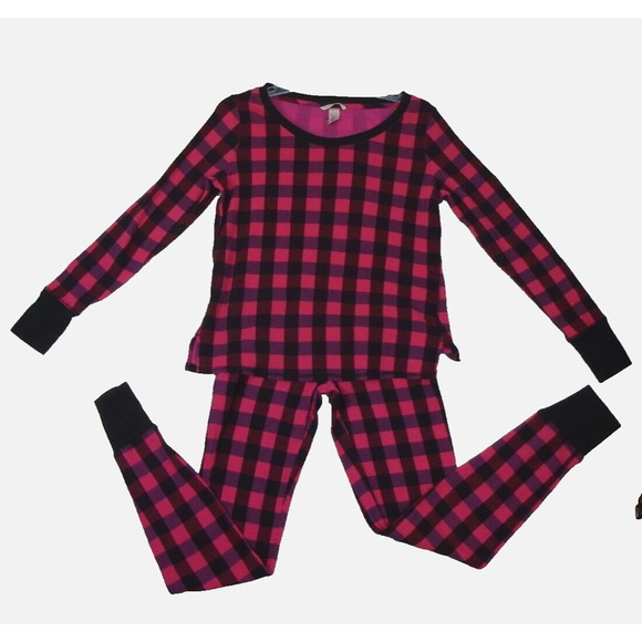 VICTORIA'S SECRET Size S 2 pc Pajama Set Waffle Knit Thermal‎ Black Pink Plaid - Picture 1 of 15